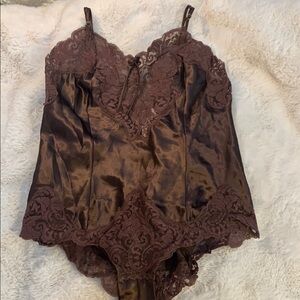 Elegant Brown Satin & Lace Bodysuit Small
